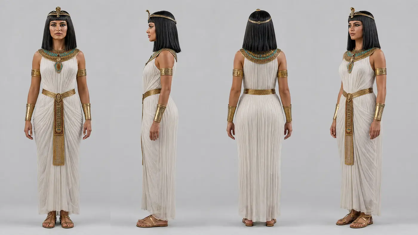AI character sheet of an Egyptian queen from four angles
