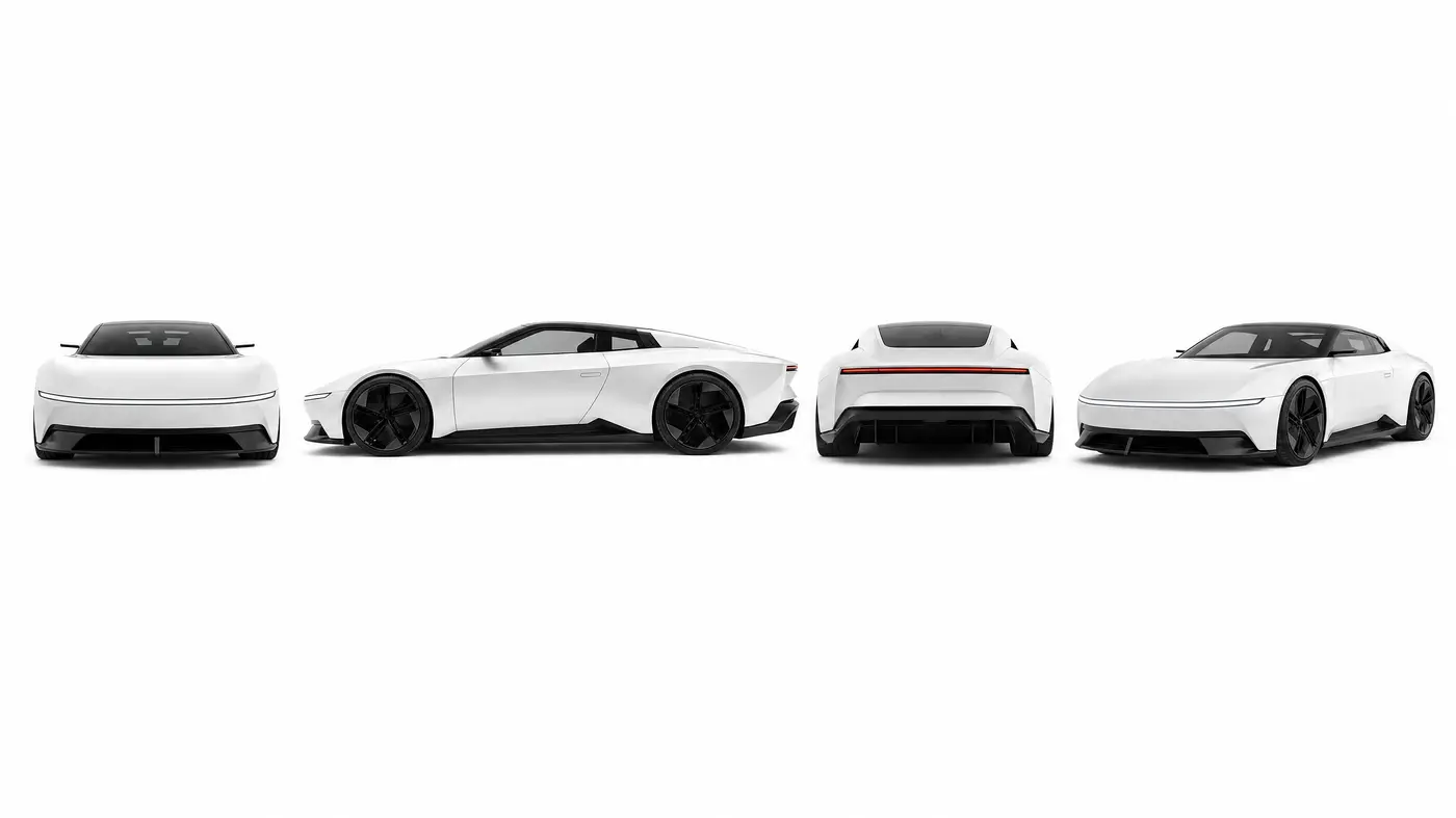AI product sheet of an original white concept car from four angles