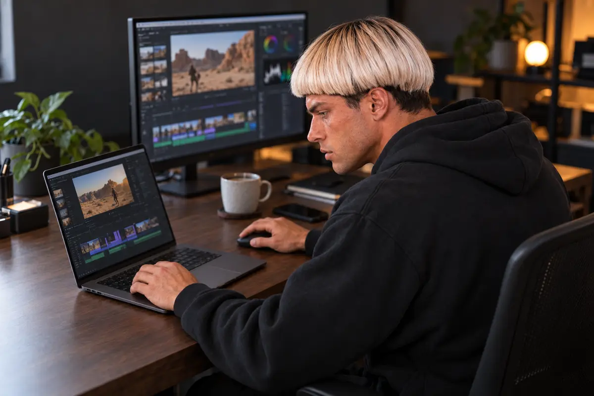 The exhumia AI avatar editing a desert video in the studio